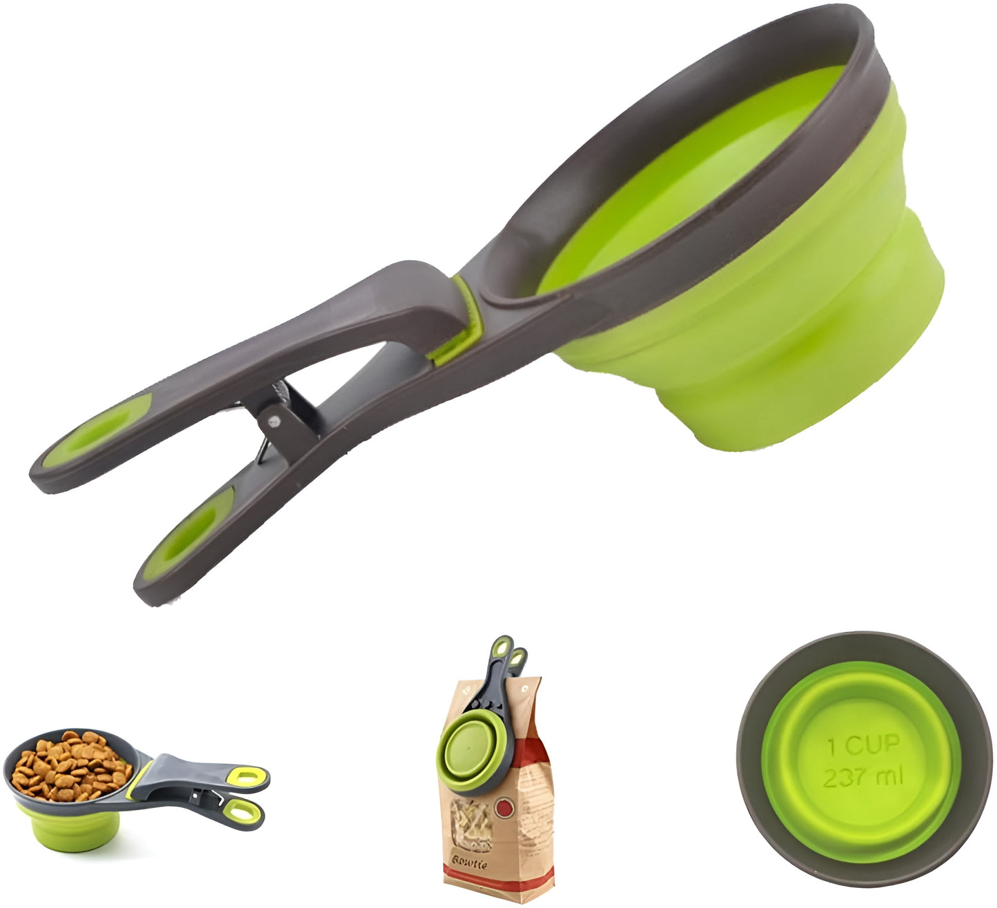 Pet Food Scoop with Collapsible Silicone Measuring Cup